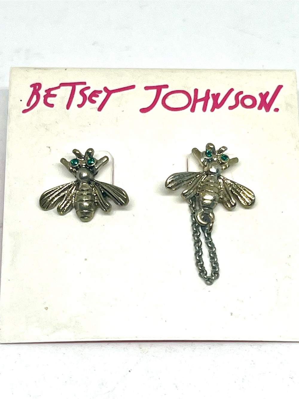 Betsey Johnson Antique Silver Bee Studs with Green Crystal Accents